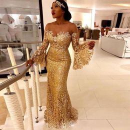 Gold Sequin Mermaid Evening Dresses with Poet Long Sleeve Sheer Neck Formal Dress Cheap Prom Dress Plus Size266T