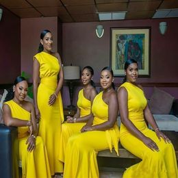 Yellow One Shoulder Mermaid Bridesmaid Dresses African Satin Prom Party Dress With Sash Pleats Long Formal Wedding Guest Maid of H227u