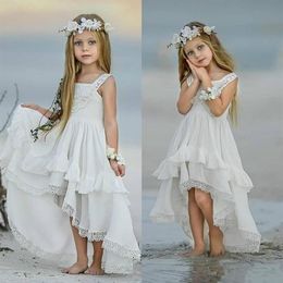 2020 Cheap Bohemian High Low Flower Girl Dresses For Beach Wedding Pageant Gowns A Line Boho Lace Appliqued Kids First Holy Commun1835
