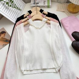 Women's Blouses 2023 Summer Korean Hanging Neck Shirt Pearl Sleeveless Knitted Short Tank Top Mesh Long Sleeve Cardigan Pink Two Piece Set