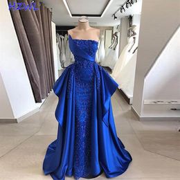 Arabic Royal Blue Prom Dresses 2021 Sexy Strapless Shinning Beaded Evening Gowns Satin Sweep Train Robe De Soiree Custom Made311d