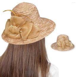 Wide Brim Hats Summer Women Faux Pearls Flower Decor Bucket Hat Elegant Lace Stitching Beach Fascinator