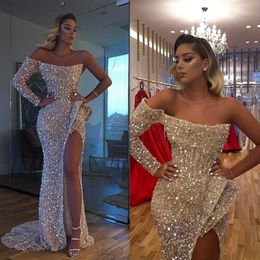 Glitter Aso Ebi Arabic Gold Reflective Prom Dresses Mermaid High Split Evening Dresses Sequined Formal Party Second Reception Gown2857