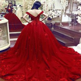 2022 Red Quinceanera Flower Dresses with Off Shoulder Long Formal Lace Drawstring Masquerade Ball Gown Debutante Gowns Sexy Backle290P