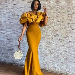 Mustard Yellow Mermaid Bridesmaids Dresses Ruffles Off Shoulder Wedding Guest Gowns Black Girl Maid Of the honor Dress Plus Size r263A