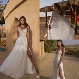 2019 Asaf Dadush Boho Wedding Dresses Spaghetti Lace Bridal Gowns Thigh High Slits with Wrap Chiffon Beach Wedding Dress Custom231i
