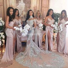 Custom Made Blush Bridesmaid Dresses Sexy Spaghetti Straps Side Split Backless Satin Plus Size Party Gowns Wedding Guest Maid of H258Z