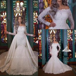 2023 Lace Mermaid Wedding Dresses Bateau Neck Long Sleeves Tulle Lace Applique Sweep Train Bridal Gowns With Detachable BC14759 GB280x