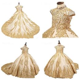 New Lovely Gold Flower Girl Dresses For Weddings Satin Lace Appliques Beads Sleeveless Girls Pageant Dress Prom Kids Communion Gow239q