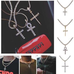Hip Hop Iced Out Ankh Cross Pendant Necklace 4mm Tennis Chain Micro Pave CZ Stones Gold Chains for Men229I
