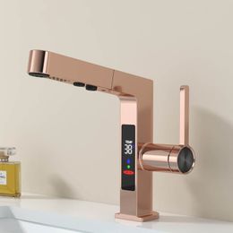 Intelligent Digital Display LED Basin Faucet Pull Out Rose Gold Lead Free Water Mixer Sink Tap Bathroom Washbasin Vanity Faucet