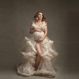White African Maternity Dress Robes for Po Shoot or baby shower Ruffle Tulle Chic Women Prom Gowns Ruffles V Neck Pography R2213