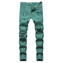 Men's Jeans Fancy Neon Colour Y2K Denim Streetwear Slim Straight Pants Holes Ripped Trousers Green Yellow Pink297u