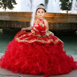 Gorgeous Red Girls Pageant Dresses Ruffles Appliqued Flower Girl Dress For Weddings Children Princess Birthday Ball Gowns290h