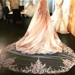 In Stock Luxury Champagne Crystal Bridal Veils Cathedral Length Long Lace Applique Custom Made Wedding Veils With Comb2783