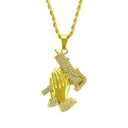 HIP Hop Iced Out Bling Full Rhinestone Praying Hands Men Pendants Necklaces Gold Colour Big Prayer Jesus Necklace Jewelry199F