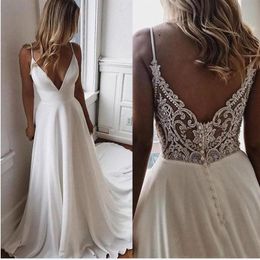 Modest V Neck Chiffon A Line Boho Beach Wedding Dresses 2021 Beaded Applique Formal Bridal Gowns Cheap Designer Bride Dress Vestid299S