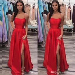 Sexy Cheap Simple Red A Line Prom Dresses Spaghetti Straps Floor Length High Side Split Satin Formal Dress Evening Gowns vestidos 249d