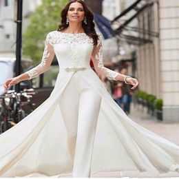 2020 Long Sleeve White Jumpsuits Wedding Dresses Lace Chiffon Satin Overskirts Beads Crystals Bridal Gowns Pants Dress Vestidos De273N