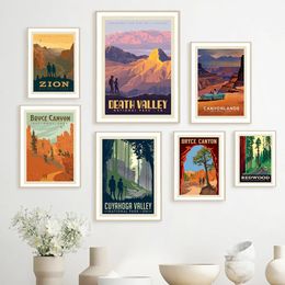 National Park Mountain Vintage Retro Landscape Canvas Painting Print Art Travel Cities Posters Wall Art Picture for Living Room Decor w06