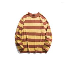 Men's T Shirts Heavy Striped Long Sleeve Shirt Men Spring Autumn Amekaji Vintage Loose Round Neck Motorcycle Tshirt Casual Basic