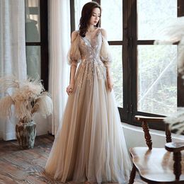 Party Dresses Fairy Long Evening Dress Sweep Train Prom Gowns Floral Applique With Beads Sequins