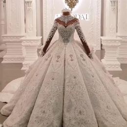 Vintage Ball Gown Wedding Dresses 2020 High Neck Luxury Train Long Sleeves Sparkle Applique Satin Bridal Gowns315T