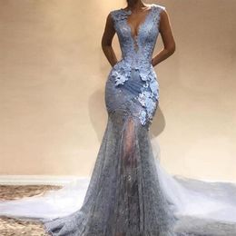 Abendkleider 2020 Dusty Blue Lace long Mermaid Prom Dresses Sexy V Neck Sleeveless Formal Party Gowns Vestido De Festa265O