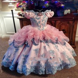2021 New Vintage Lovely Lace Pink Girls Pageant Dresses For Weddings Off Shoulder Ruffles junior Girls Formal Dress Kids Prom Comm268o