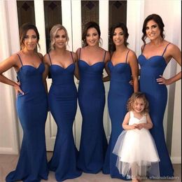 Royal Blue Satin Mermaid Bridesmaid Dresses 2019 Spaghetti Straps Ruched Wedding Guest Gowns Maid Of Honor Dress Plus Size BM0918267S