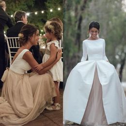 Charming white satin champagne chiffon Wedding Dresses with Detachable Skirt 2019 bateau long sleeves Plus Size Country modest Bri205G