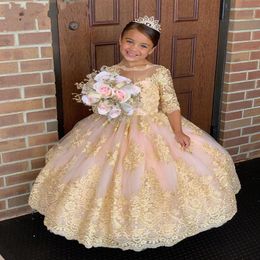 Gold Appliques Lace Flower Girl Dresses Princess Sheer Jewel Neck Backless Half Sleeve Girl Pageant Gowns Toddler Kids First Commu2517