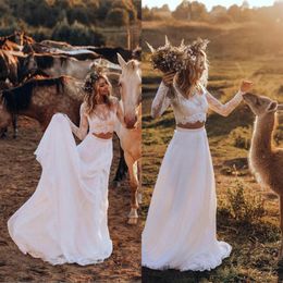 Two Pieces Country Boho Wedding Dresses 2020 A Line Long Sleeve Lace Applique Bohemian Wedding Gowns Custom Made Beach Bridal Dres255w