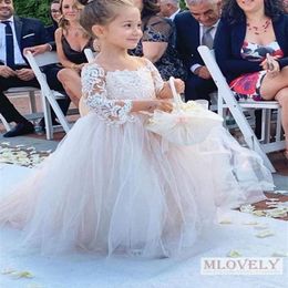 Cute Long Sleeve Flower Girls Dresses Toddler Dress With Big Bow Pagoda Sleeves Wedding Party Birthday Infant Gowns271m