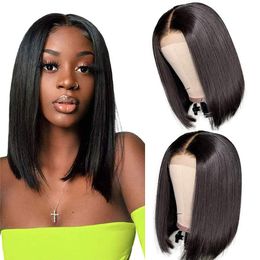 Wigs Bob 4x4 Transparent Lace Frontal Wig Pre Plucked Bleached Knots 100% Human Hair
