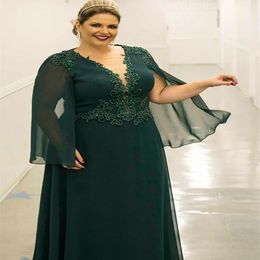 Plus Size Mother of the Bride Dress Dark Green Long Sleeve Beading Chiffon Floor Length Wedding Party Guest Formal Evening Gowns250r