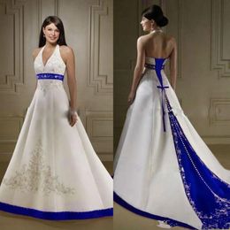 Vintage White and Royal Blue Satin A Line Wedding Gowns Halter Neck Open Back Lace Up Court Custom Made Embroidery Wedding Bridal 232u