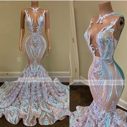 Black Girls Sparkly Sequin Long Wedding Gowns 2022 Sexy sheer o Neck Mermaid African Women Gala Brideal dresses robes BA107282104