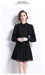 Basic Casual Dresses Women Stand Collar Lantern Long Sleeve Buttons Sashes A Line Short Vestidos Solid Colour Lace Patchwork Ruffles Hollow Out Dress 2023