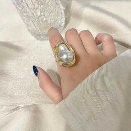 Wedding Rings Fashion Geometrical Irregular Baroque Pearl Ring For Women Vintage Open Adjustable Index Finger Party Jewellery