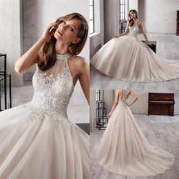 2019 Eddy K Halter Wedding Dresses A Line Ivory Sleeveless Beaded Applique Lace Sheer Neck Train Bridal Gowns Plus Size Robe De Ma202H