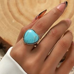 Vintage Gold Plated Heart Turquoises Rings for Women Bohemian Cute Blue Stone Hand Midi Finger Rings Party Jewelry Gift