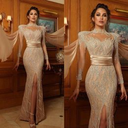 Sexy Front Split Mermaid Prom Dresses High Neck Long Sleeve Beading Crystal Evening Dress Floor Length Formal Gowns Party Wear1961