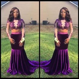 2018 Sexy Two Piece Prom Dresses Long Sleeve Purple Velvet Evening Dress Long Evening Gowns Lace Party Dress231E