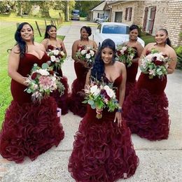 Burgundy Velvet Mermaid Bridesmaid Dresses Ruffles Organza Long Maid of Honor Bride Gowns Sweetheart Plus Size Vestidos De Novia285B