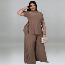 Women's Plus Size Tracksuits Clothing Summer Solid Color Fashion Casual Waist Tie Ladies Twopiece Set XL5XL Oversized 230721