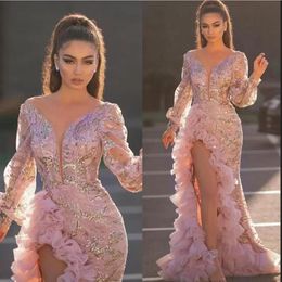 Pink Evening Dresses Long Sleeves Illusion Sparking Sequins Ruffles High Side Split Floor Length Party Dress Prom Gowns Open Back 180Q