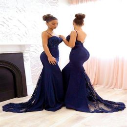 Navy Blue Simple 2021 Bridesmaid Dresses Sweetheart Lace Appliques Mermaid Prom Party Gown Beads Long Maid Of Honor Gowns308G