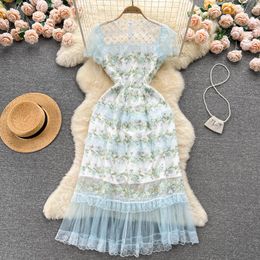 Basic Casual Dresses 2023 Summer Sweet Girls Lace Mesh Flower Embroidery Dress Women's Butterfly Sleeve Cascading Ruffles Gorgeous Floral Vestidos