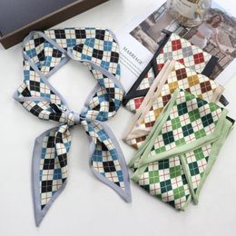 Scarves Grid Print Women Small Silk Scarf Handle Bag Ribbons Female Head Sharp Angle For 100 9cm